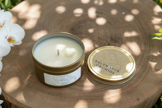 Gold Tin 5.5 oz Soy Wax Candle | Heart Detail | Saltwater Orchids | Sacred Heart