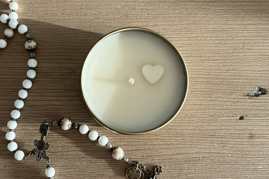 Gold Tin Soy Candle 5.5 oz | Heart Detail | Cashmere Plum | Holy Spirit