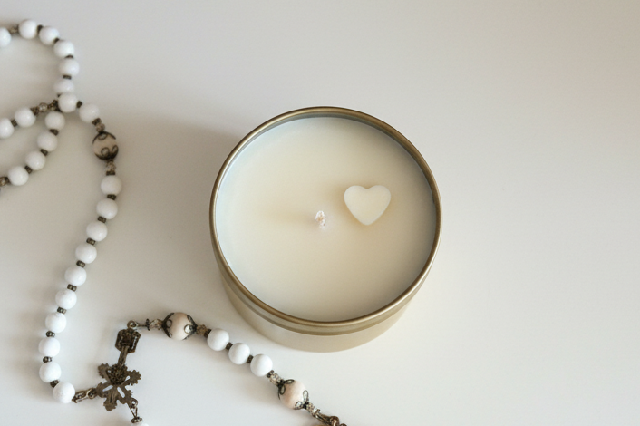 Gold Tin Soy Candle 5.5 oz | Heart Detail | Cashmere Plum | Holy Spirit