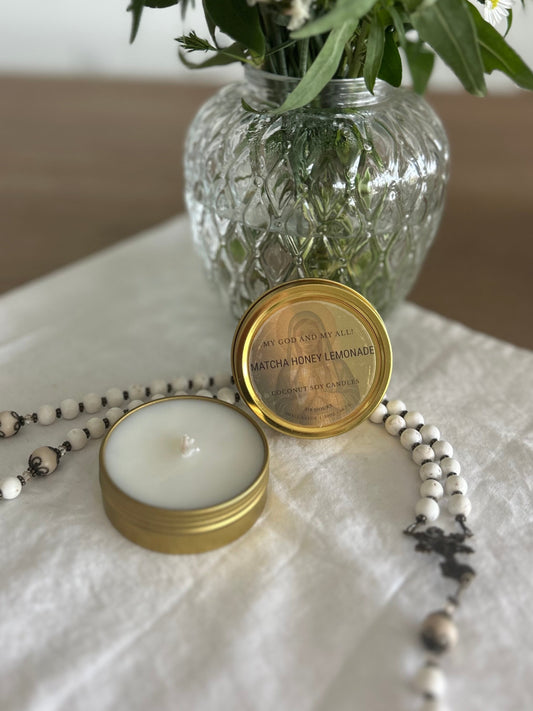 Catholic Christian 2oz Prayer Candles Set | Hand Poured Coconut Wax Gold Tin Jar | Cotton Wick | Matcha Honey Lemonade | White Tea & Thyme