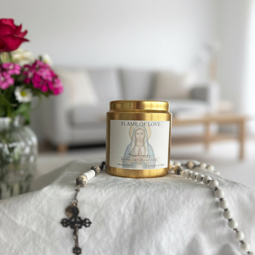 Chapelet Bougie Écologique Catholique | Mèche en Bois | Non Toxique | Cire de Coco | Ambre Musc