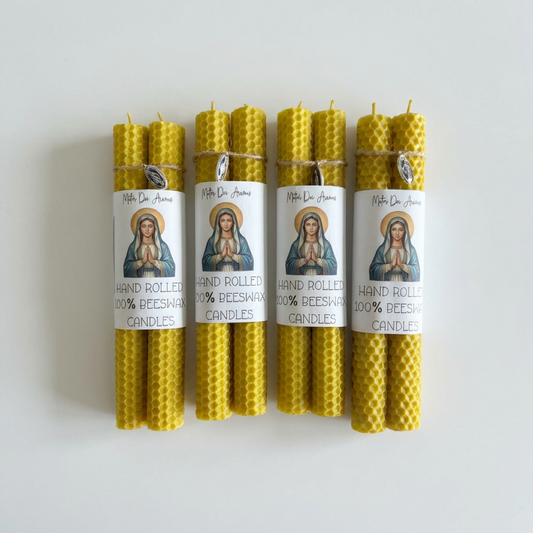 Hand Rolled 100% Natural Beeswax 8” Taper Candles with Miraculous Medal| Set of 2 | Non Toxic | Clean Burn